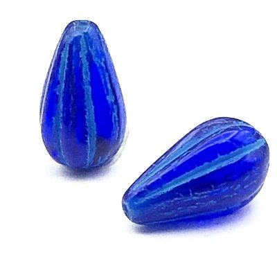 Czech Glass Beads Drop Melon 13x8mm (10) Cobalt Blue Transparent w/ Turquoise Wash