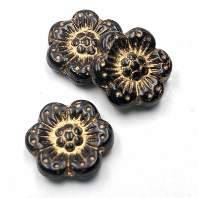 Czech Glass Beads Flower Wild Rose 14mm (10) Jet Black w/ Dark Bronze Wash