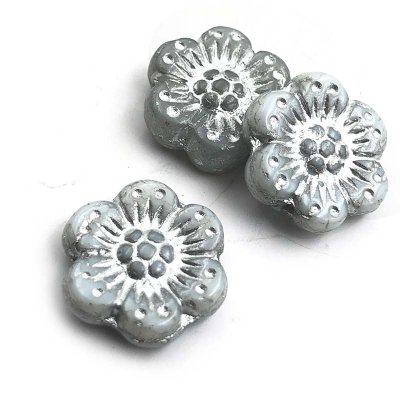 Czech Glass Beads Flower Wild Rose 14mm (10) Silver Grey Opaque w/ Silver Wash