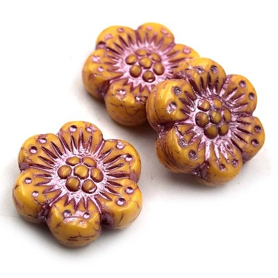 Czech Glass Beads Flower Wild Rose 14mm (10) Orange Opaline w/ Pink Wash