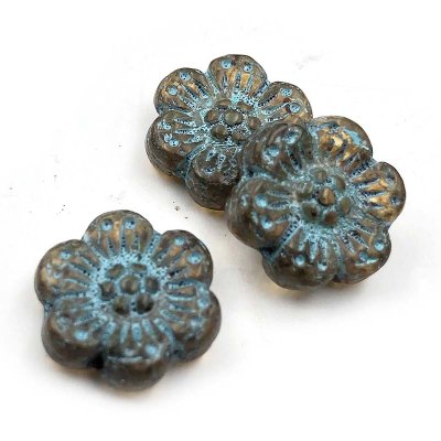 Czech Glass Beads Flower Wild Rose 14mm (10)  Amber Matte w/ Blue/Turquoise Wash