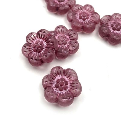 Czech Glass Beads Flower Wild Rose 14mm (10)  Pink  Matte w/ Pink Was