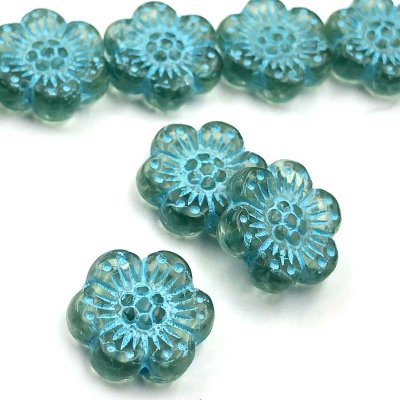 Czech Glass Beads Flower Wild Rose 14mm (10)  Tourmaline Green w/ Turquoise Wash