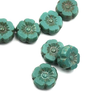 Czech Glass Beads Flower Hibiscus Hawaiian Small 9mm (10) Green Turquoise Opaque w/ Picasso