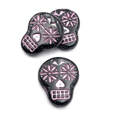 Czech Glass Beads Sugar Skull Flat 20x17mm (1) Black Opaque w/ Pink Wash
