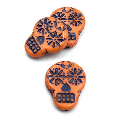 Czech Glass Beads Sugar Skull Flat 20x17mm (1) Orange w/Sapphire
