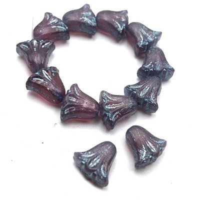 Czech Glass Beads Flower Lily 9x10mm (10) Purple Opaline w/ Turquoise Wash