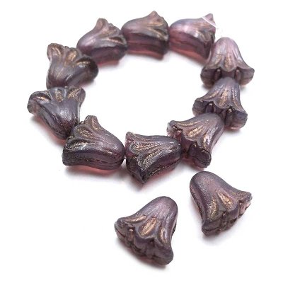 Czech Glass Beads Flower Lily 9x10mm (10) Purple Opaline w/ Dark Bronze Wash