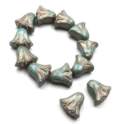 Czech Glass Beads Flower Lily 9x10mm (10) Turquoise Blue Opaque w/ Picasso Finish & Copper Wash
