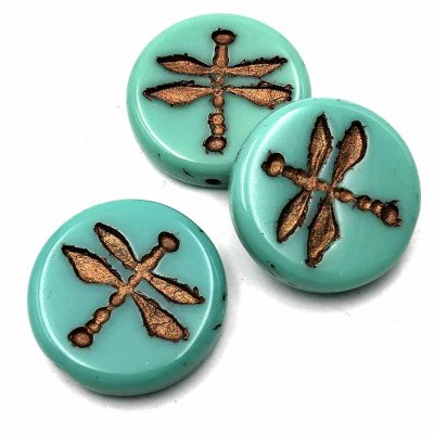 Czech Glass Beads Coin Dragonfly Pressed 18mm (1) Turquoise Opaque w/ Dark Bronze