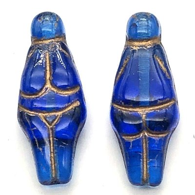 Czech Glass Beads Goddess 25x10mm (1)  Capri Blue w/Gold