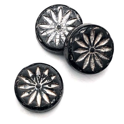 Czech Glass Beads Star Pressed Coin 12mm (10) Jet Black w/ Platinum