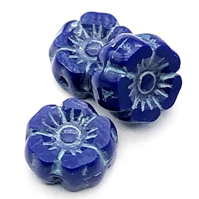 Czech Glass Beads Flower Hibiscus Hawaiian Mini 7mm (10) Lapis Blue w/ Light Blue