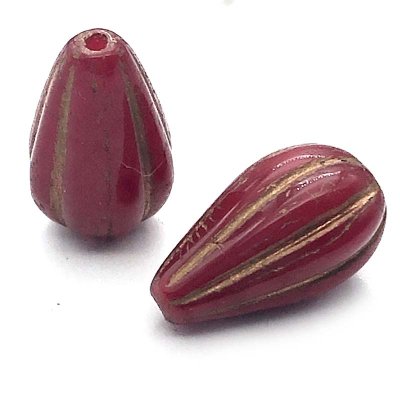 Czech Glass Beads Drop Melon 13x8mm (10) Red Opaline w/ Dark Bronze