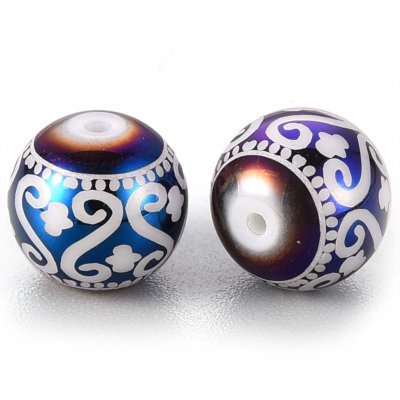 Glass Beads Round Ornate Pattern 10mm (10) Metallic Blue