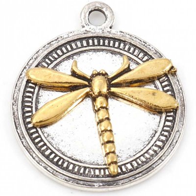Cast Metal Charm Dragonfly Gold Round 02 Solid 25x21mm (1) Antique Silver