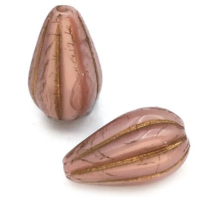 Czech Glass Beads Drop Melon 13x8mm (10) Pink Silk w/ Dark Bronze Wash
