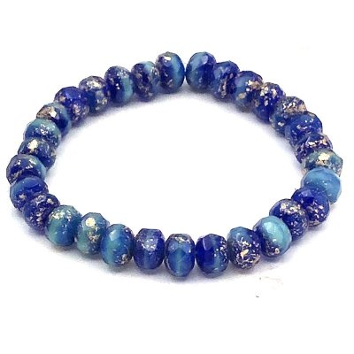 Czech Glass Beads Rondelle 5x3mm (30) Cobalt Blue Transparent and Turquoise Opaque Mix with Antique Gold Finish