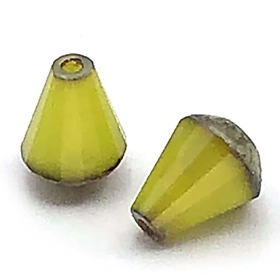 Czech Glass Beads Faceted Drop Top Cut 8x6mm (15) Lime Green Silk w/ Picasso Finish