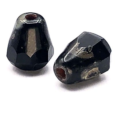 Czech Glass Beads  Faceted Drop - Bottom Cut 8x6mm (15) Jet Opaque w/ Picasso Finish