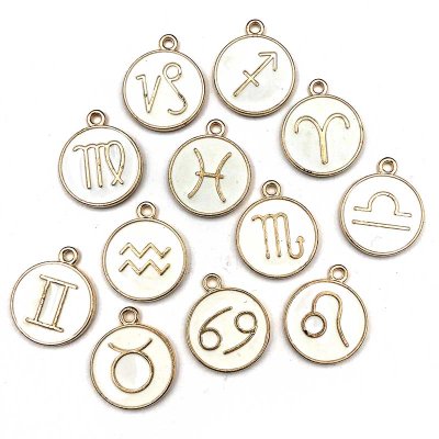 Cast Metal Charms Zodiac Signs Flat Round 22mm (12) White on Gold