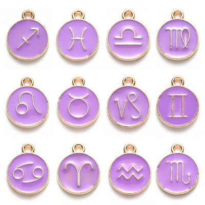 Cast Metal Charms Zodiac Signs Flat Round 22mm (12) Purple Gold
