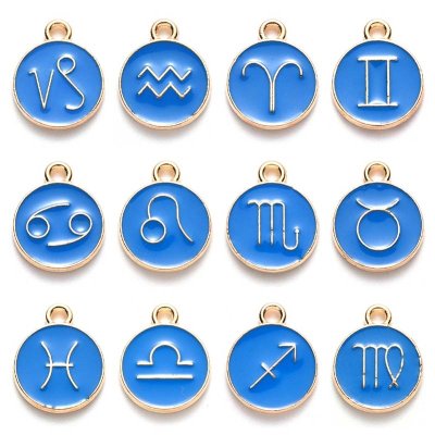 Cast Metal Charms Zodiac Signs Flat Round 22mm (12) Blue Gold