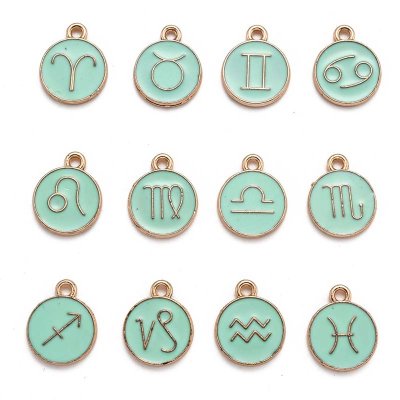 Cast Metal Charms Zodiac Signs Flat Round 22mm (12) Turquoise Gold