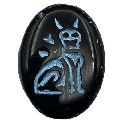 Czech Glass Beads Egyptian Cat Oval Flat 16x12mm (6) Jet Black Opaque with Turquoise Wash