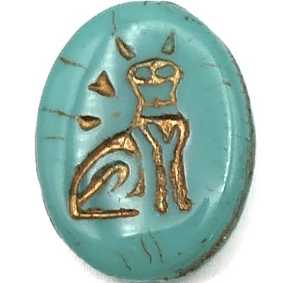 Czech Glass Beads Egyptian Cat Oval Flat 16x12mm (6) Turquoise Opaque w/ Dark Bronze