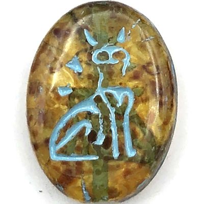 Czech Glass Beads Egyptian Cat Oval Flat 16x12mm (6) Light Amber Transparent w/ Picasso & Light Blue Wash