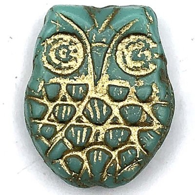 Czech Glass Beads Owl Horned 18x15mm (1) Turquoise Opaque w/ Gold Wash