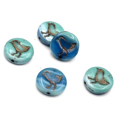 Czech Glass Beads Coin w/Bird 12mm (10) Turquoise Mix