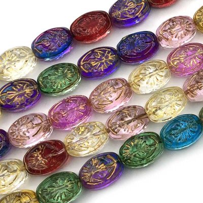 Glass Beads Oval Pressed Embossed 11x8mm (30) Mixed