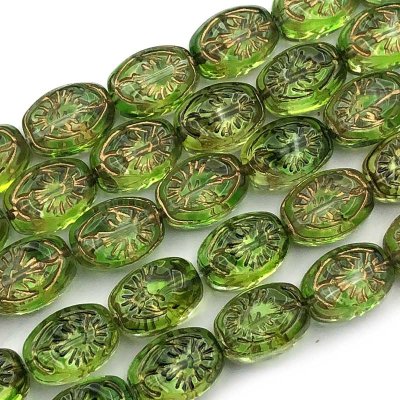 Glass Beads Oval Pressed Embossed 11x8mm (30) Green