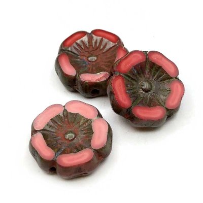 Czech Glass Beads Flower Hibiscus Hawaiian 12mm (6) Red Coral Opaque w/ Picasso Finish