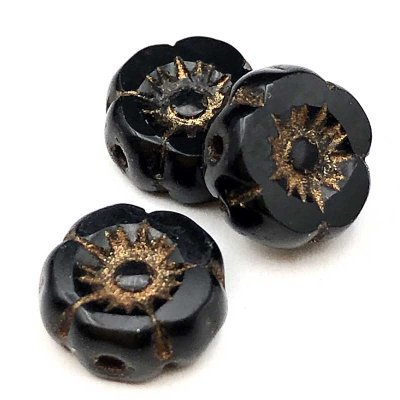 Czech Glass Beads Flower Hibiscus Hawaiian Mini 7mm (10) Jet Black Opaque w/ Dark Bronze Wash