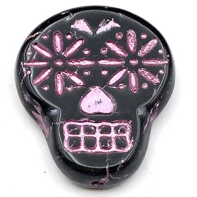 Czech Glass Beads Sugar Skull Flat 20x17mm (1) Jet Black Opaque w/ Pink Wash