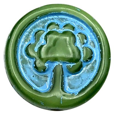 Czech Glass Beads Tree Coin 14mm (6) Green Silk w/ Turquoise Wash