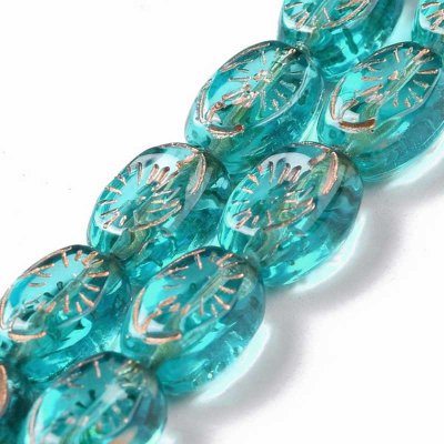 Glass Beads Oval Pressed Embossed 11x8mm (30) Teal