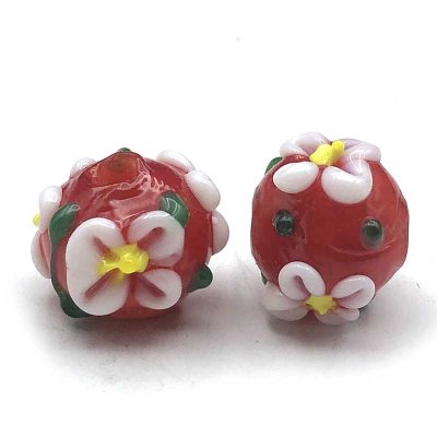 Lampwork Beads Rondelle Flowers (22) Red