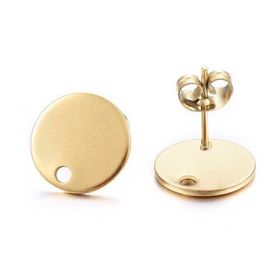Ear Stud Round Flat Round Plain 304 Stainless Steel 12mm - 1 Pair - Includes Backs - GOLD