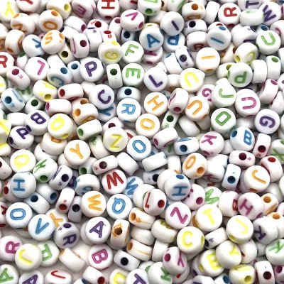 Acrylic Beads Flat Round Alphabet Letters 7mm (1000) White w/Colourful Letters