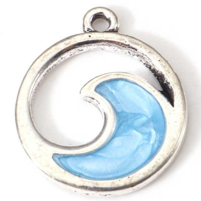 Cast Metal Charm Summer Wave in Circle 21x18mm (1) Blue Silver