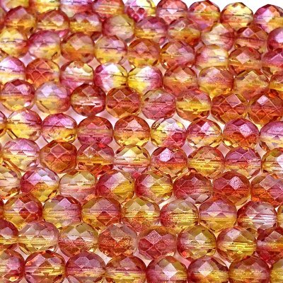 Czech Faceted Round Firepolished Glass Beads 8mm (25) Dual Coated - Fuchsia/Lemon