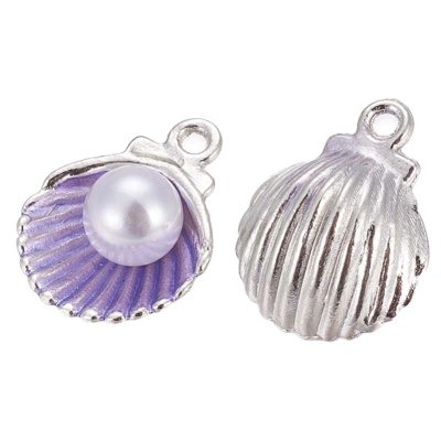 Cast Metal Charm Clam Shell w/Acrylic Pearl 15x11mm (5) Purple Silver