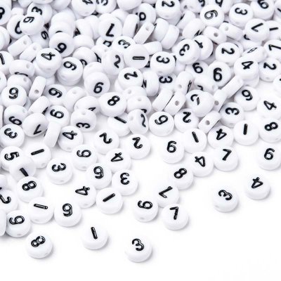 Acrylic Beads Flat Round Numbers 7mm (300) White w/Black Numbers 45 Grams