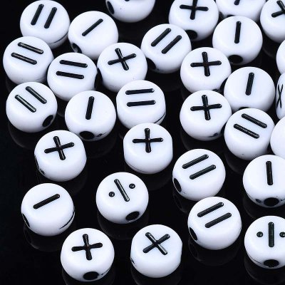Acrylic Beads Flat Round Math Symbols 7mm (300) White w/Black Symbols