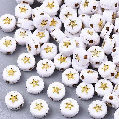 Acrylic Alphabet Beads Star 4x7mm (50) White w/Gold