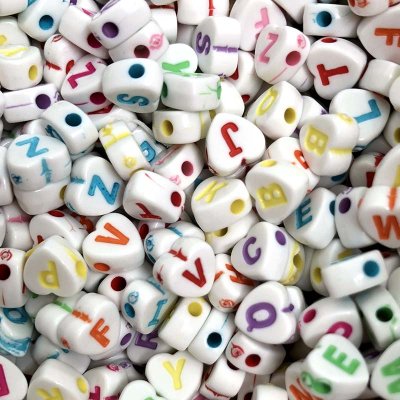 Acrylic Beads Flat HEART Alphabet Letters 7mm (1000) White w/Colourful Letters